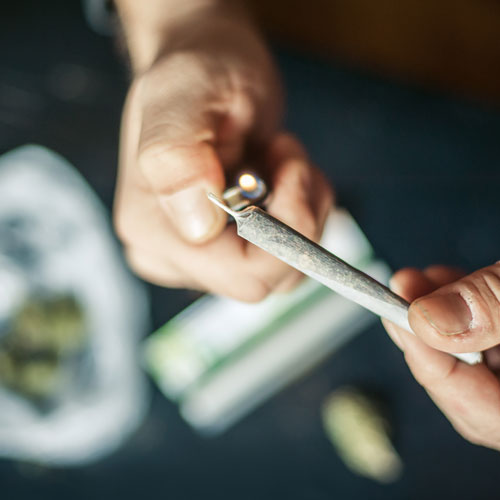 Im Vordergrund Hände, die einen Joint anzünden, im Hintergrund mehr Marihuana und Blättchen zum drehen.