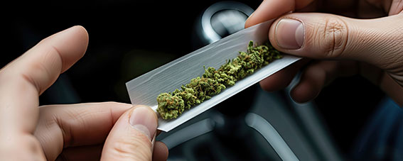 Detailaufnahme von Händen, die einen Joint im Auto drehen, im Hintergrund ein Schalthebel.