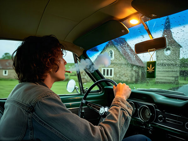 Ein junger Mann fährt ein Auto und raucht dabei einen joint.